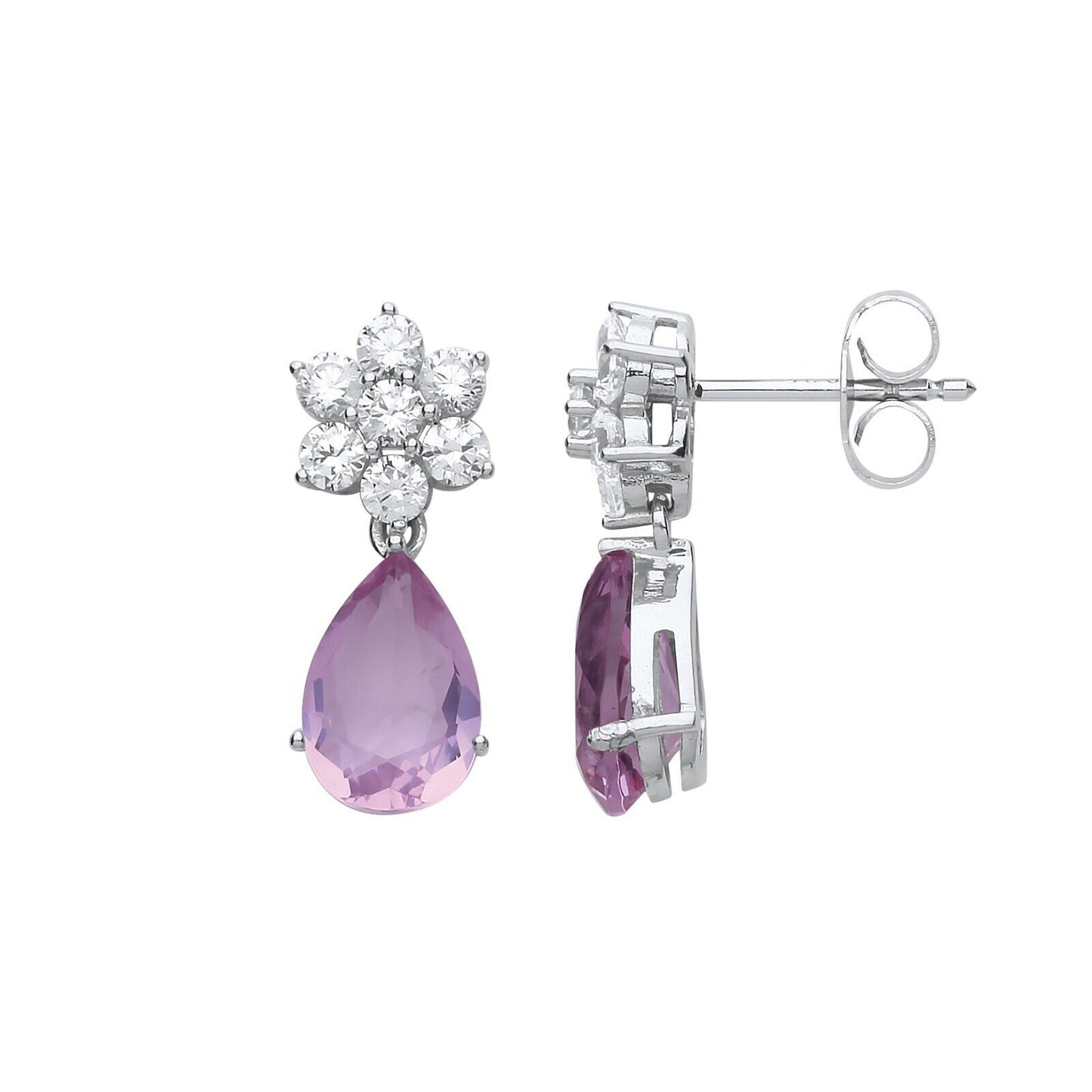 Amethyst Flower Drop Earrings Solid Sterling Silver Rhodium Plate 925 Hallmark