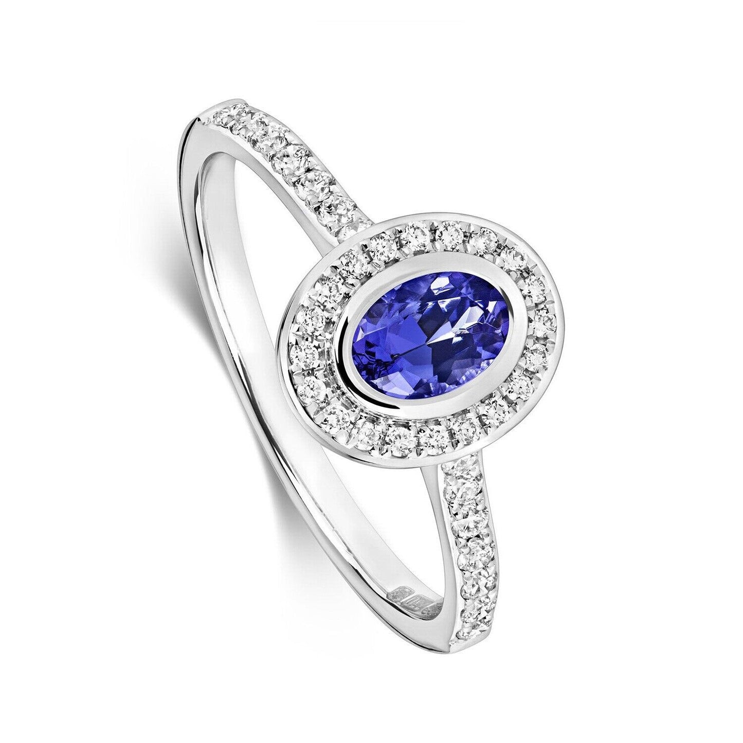 Real Tanzanite and Diamond Ring Oval Cluster 9ct White Gold Size J - Q