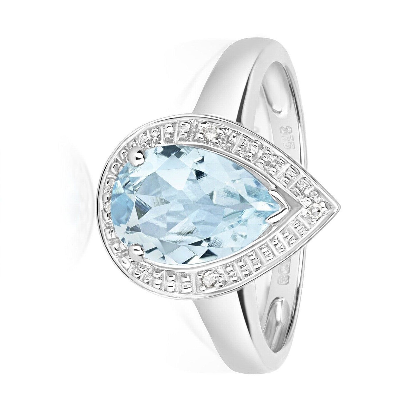 Real Aquamarine and Diamond Ring Solid White Gold Pear Teardrop Size JKLMNOPQ