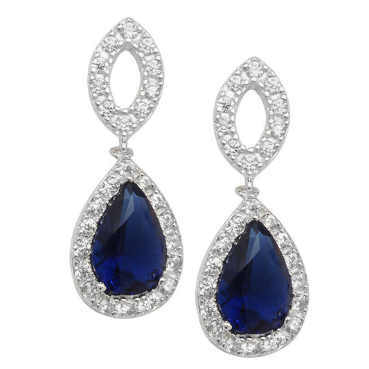Sapphire Pear Dangly Earrings Sterling Silver Rhodium British Made 925 Hallmark