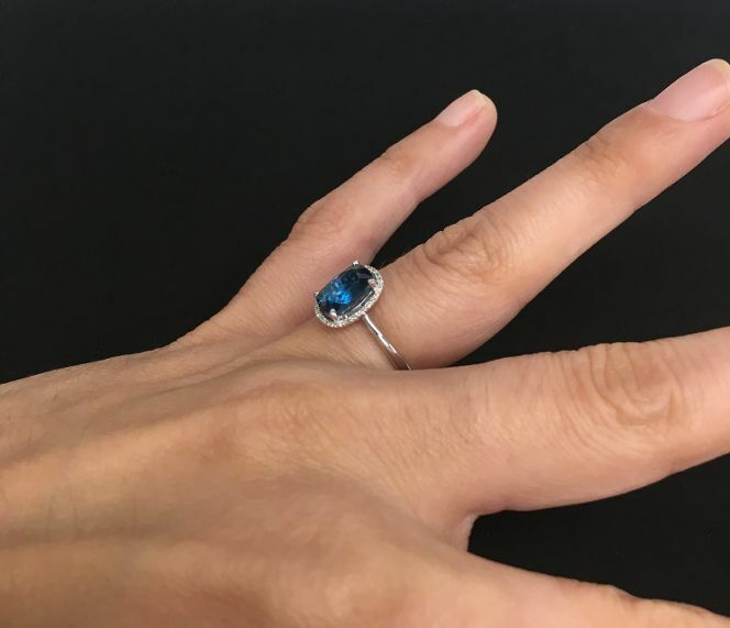 Real London Blue Topaz and Diamond Ring Solid White Gold Cushion Size JKLMNOPQ