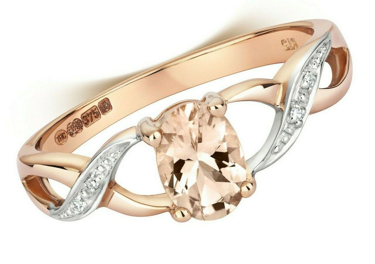 Real Morganite and Diamond Ring Solid Rose Gold Twist Shoulders Size J - Q