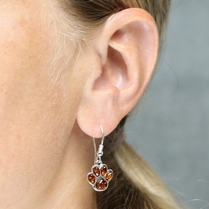 Cognac Amber Paw Print Pendant and Earrings Set Solid Sterling Silver 925