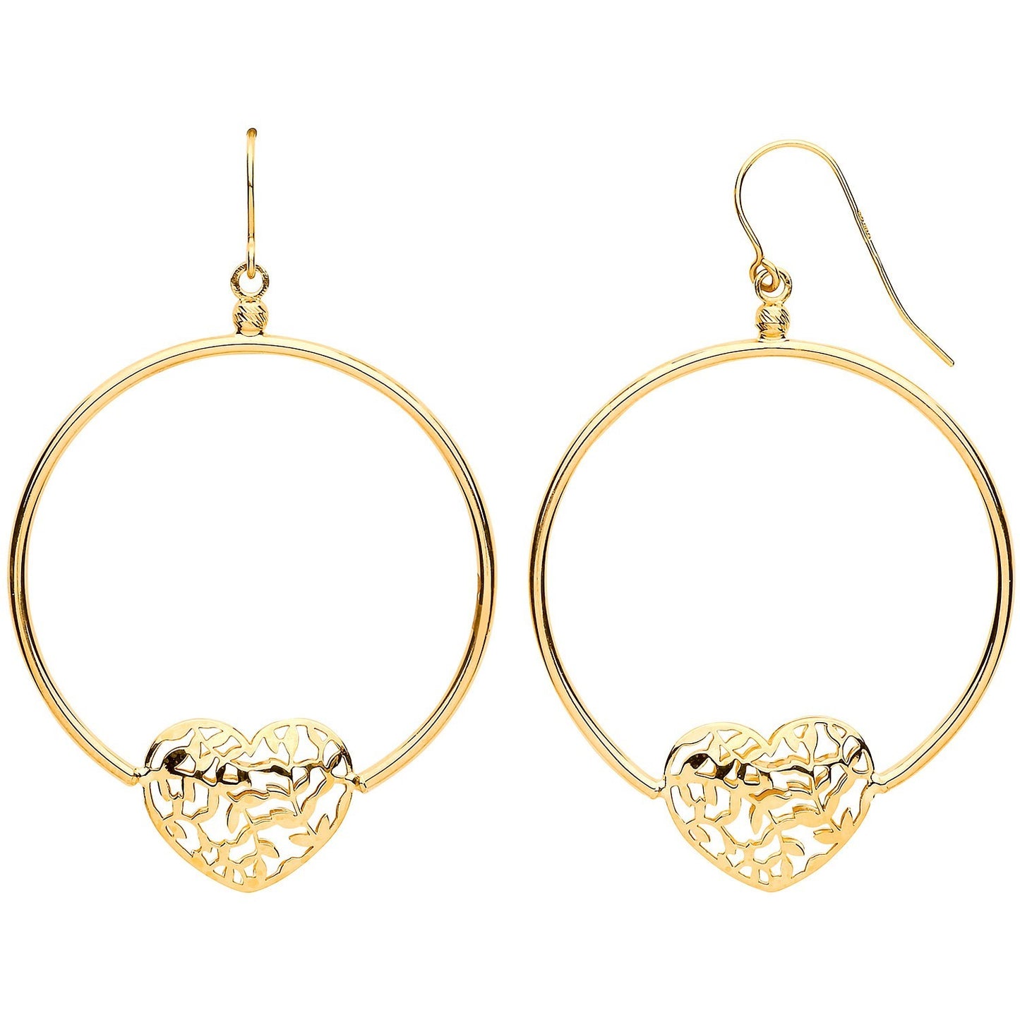 Filigree Heart Drop Earrings 9ct Yellow Gold Hallmarked Round Tube 52mm Drops