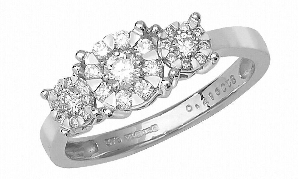 Real Diamond Three Cluster Ring 9ct White Gold 0.41 carat of Diamonds