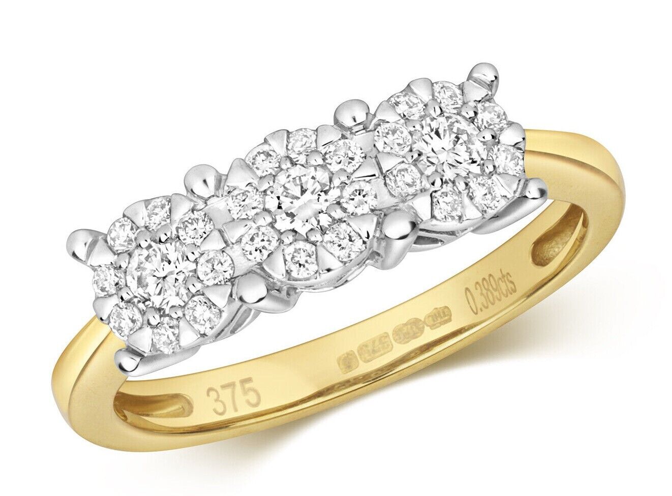 Real Diamond Trilogy Ring 9ct Yellow Gold Three Cluster Engagement 0.39ctw