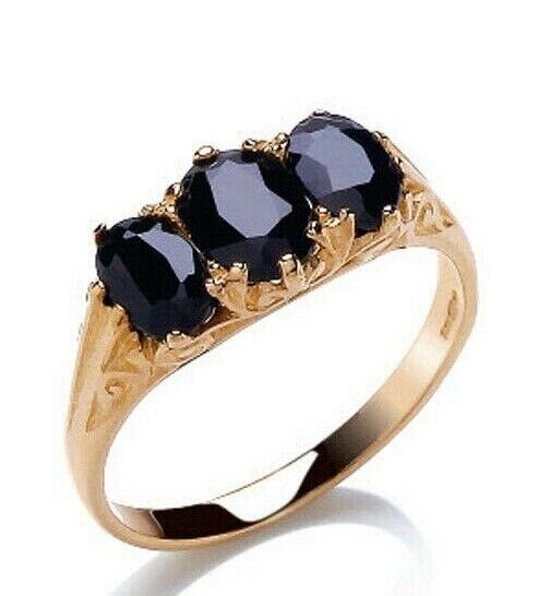 Real Sapphire Three Stone Ring Solid 9ct Yellow Gold Oval Trilogy Full Hallmark