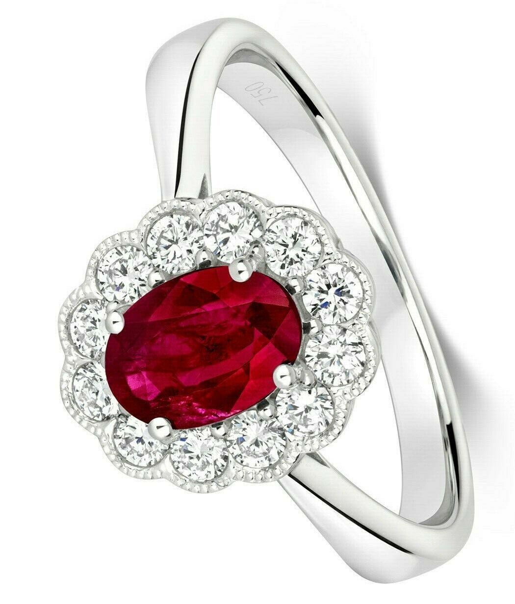 Real Ruby and Diamond Ring 18ct White Gold Oval Cluster 1.41 Carat Weight