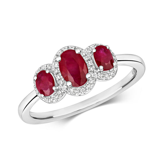 Real Ruby and Diamond Ring 9ct White Gold Oval Three Stone Trilogy Size J - Q
