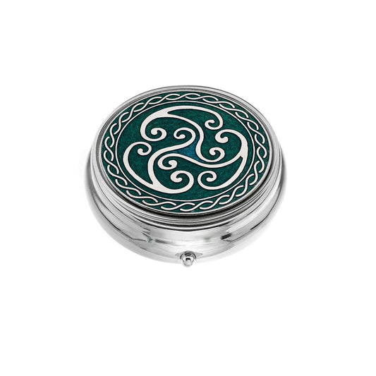 Large Pill Box Silver Plated Celtic Triskele Coils Green Brand New & Boxed