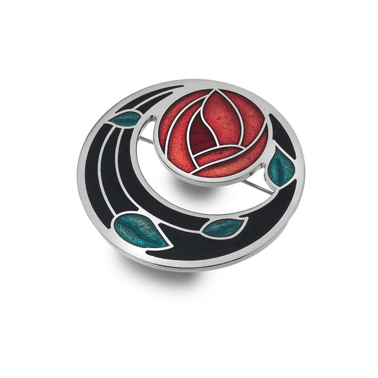 Black Mackintosh Rose and Coils Brooch Silver Plated Brand New Gift Packaging