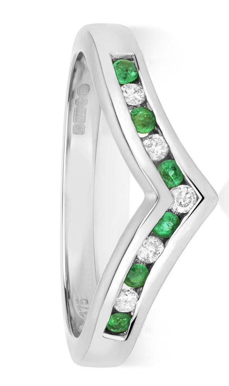 Real Emerald and Diamond Wishbone Ring Solid White Gold Eternity Anniversary