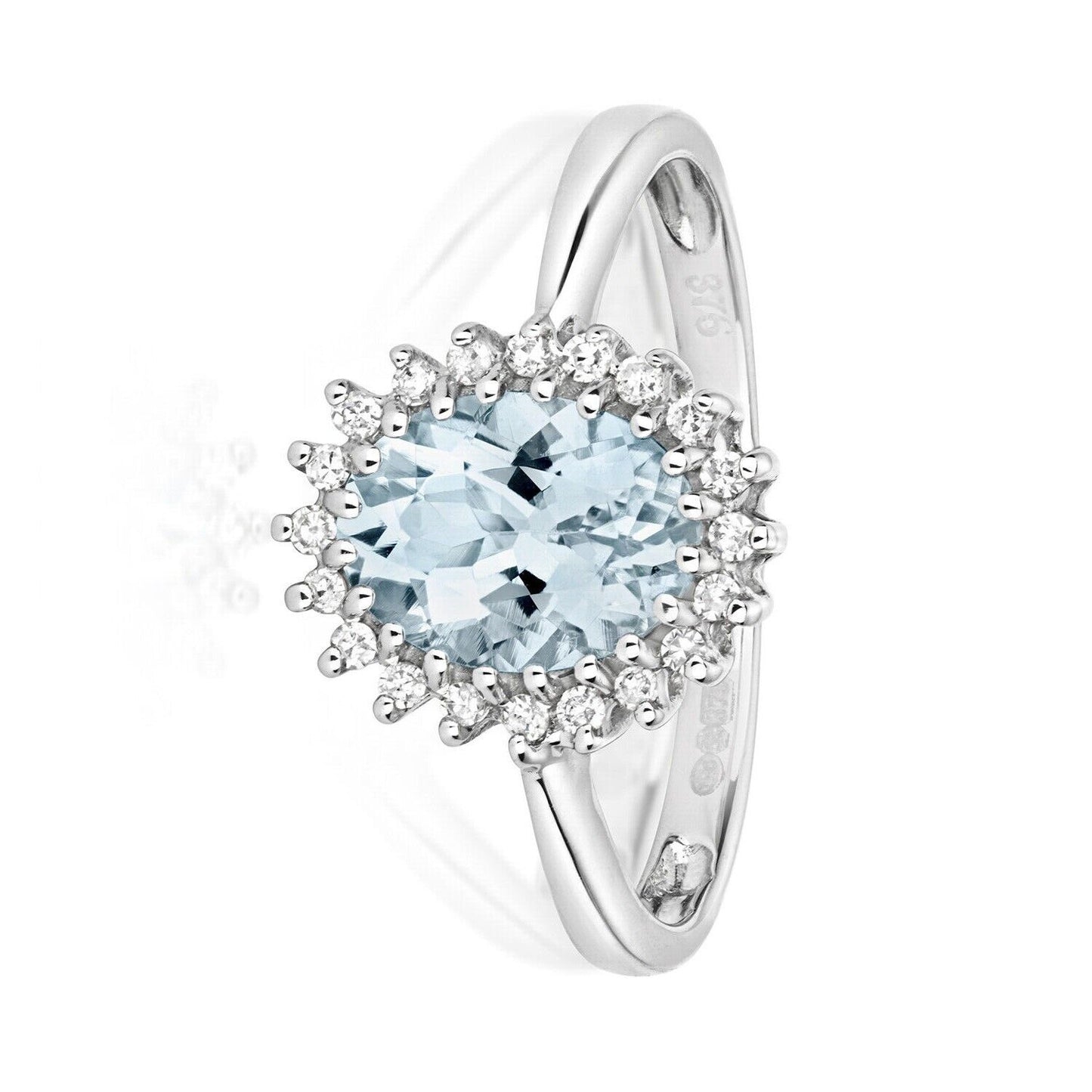 Real Aquamarine and Diamond Ring Solid White Gold Cluster Engagement Size J - Q