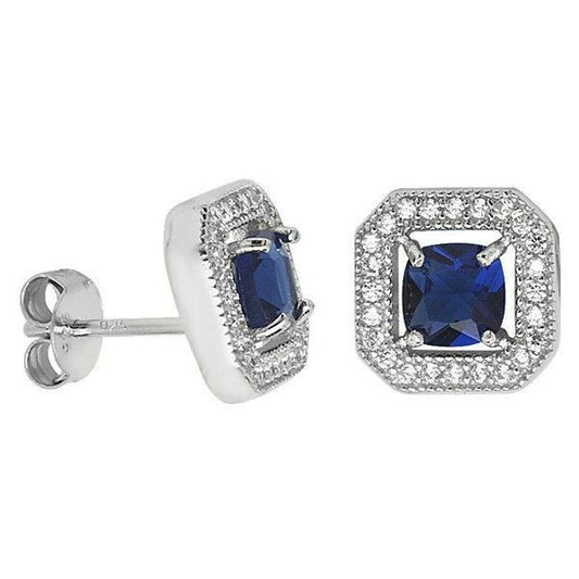 Sapphire Square Stud Earrings Sterling Silver Rhodium British Made Hallmark 925