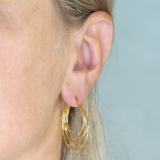 Hoop Earrings Triple Bamboo Style Creole 18ct Yellow Gold on 925 Silver 30mm