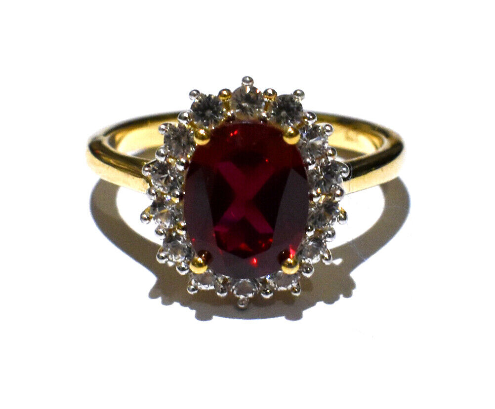 Yellow Gold Ruby Ring White Sapphire Engagement Cluster Dress Hallmarked