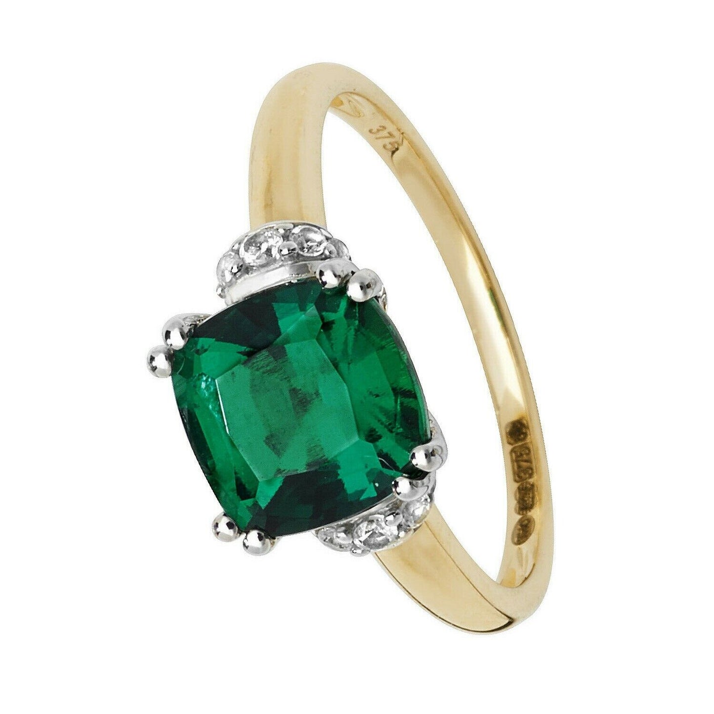 Yellow Gold Emerald Ring Solitaire Cushion White Sapphire Engagement Hallmarked