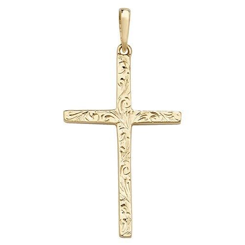 9ct Yellow Gold Patterned Cross Pendant Large 36 x 23mm Christianity Christening
