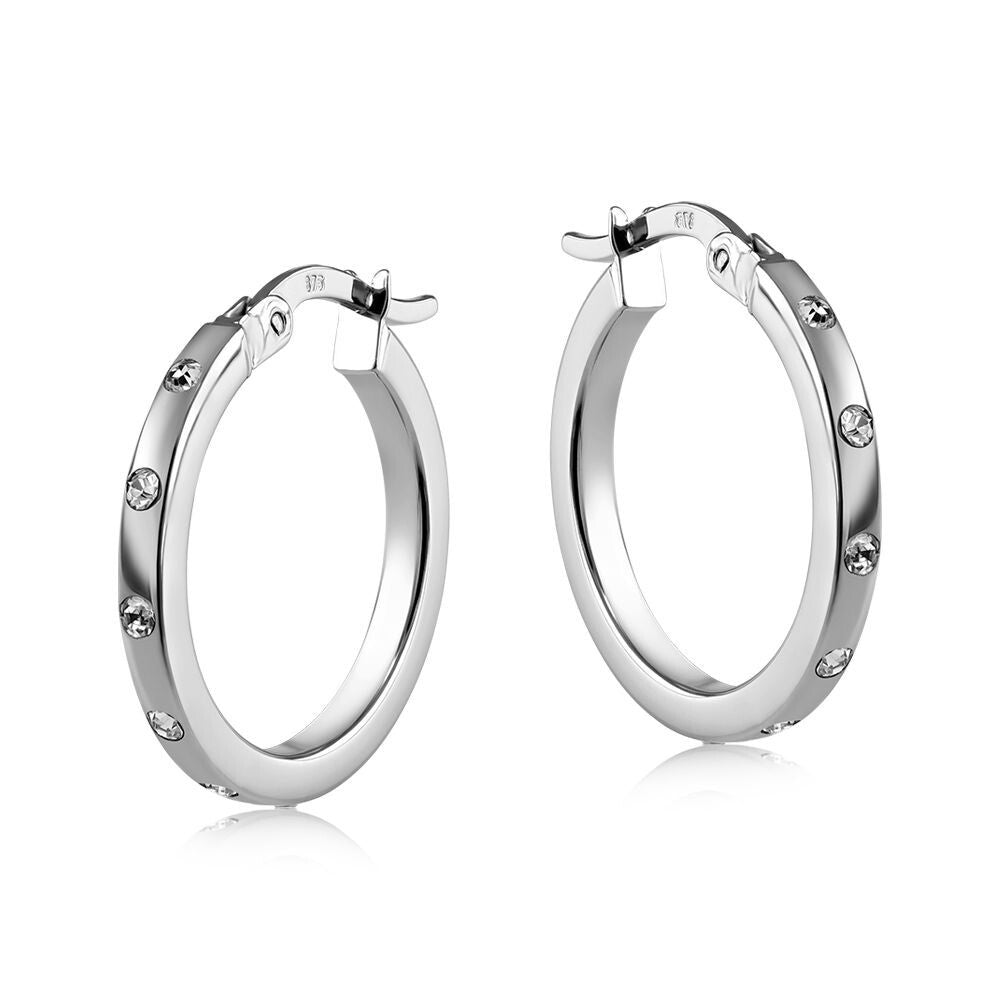 White Gold Gemstone Hoop Earrings 19mm Creole Hoops Round Cut Zircon Hallmark