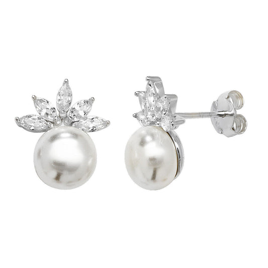 Sterling Silver Pearl Earrings Gemstone Stud Marquise 925 Hallmark British Made