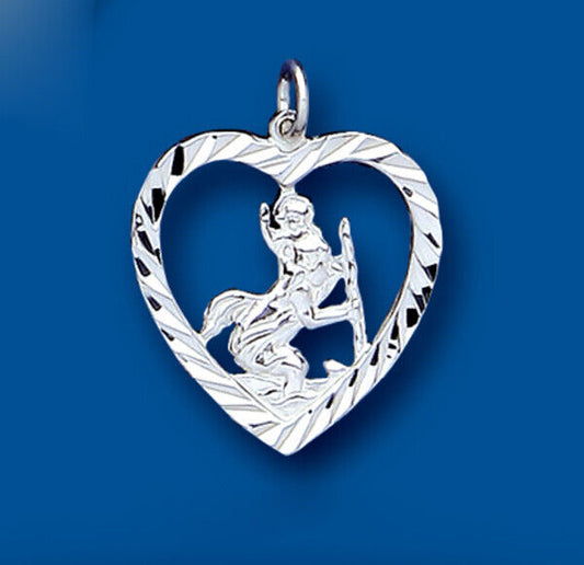 Heart St Christopher Pendant Sterling Silver Hallmark All Chain Lengths