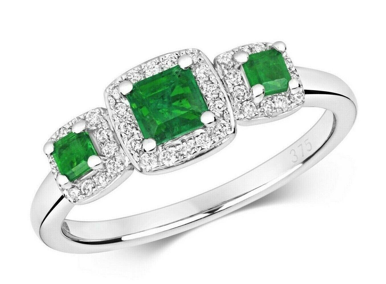 Real Emerald and Diamond Ring 9ct White Gold Three Stone Trilogy Square Cluster