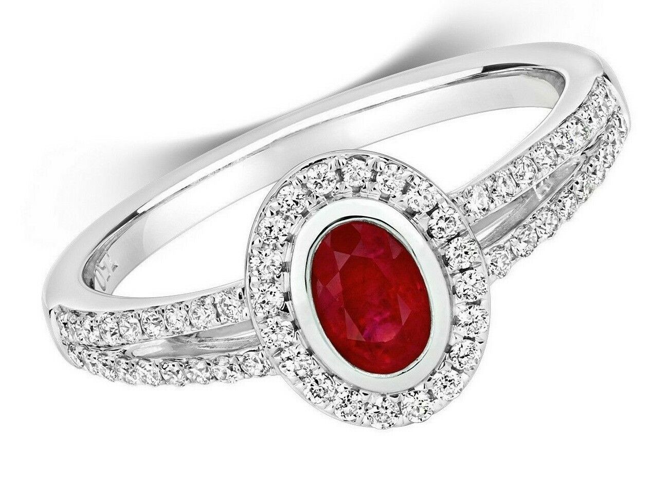 Real Ruby and Diamond Ring 18ct White Gold Cluster Oval Halo Split Shoulders