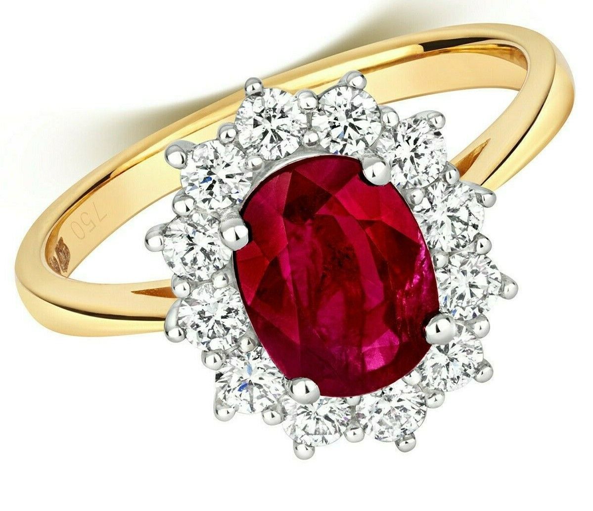 Real Ruby and Diamond Ring 18ct Yellow Gold Oval Cluster Engagement