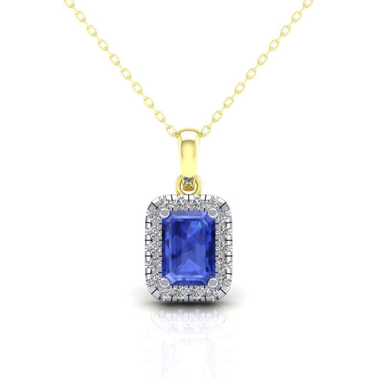 Sapphire Rectangular Cluster Pendant Solid 9ct Yellow Gold 18" Chain Hallmarked
