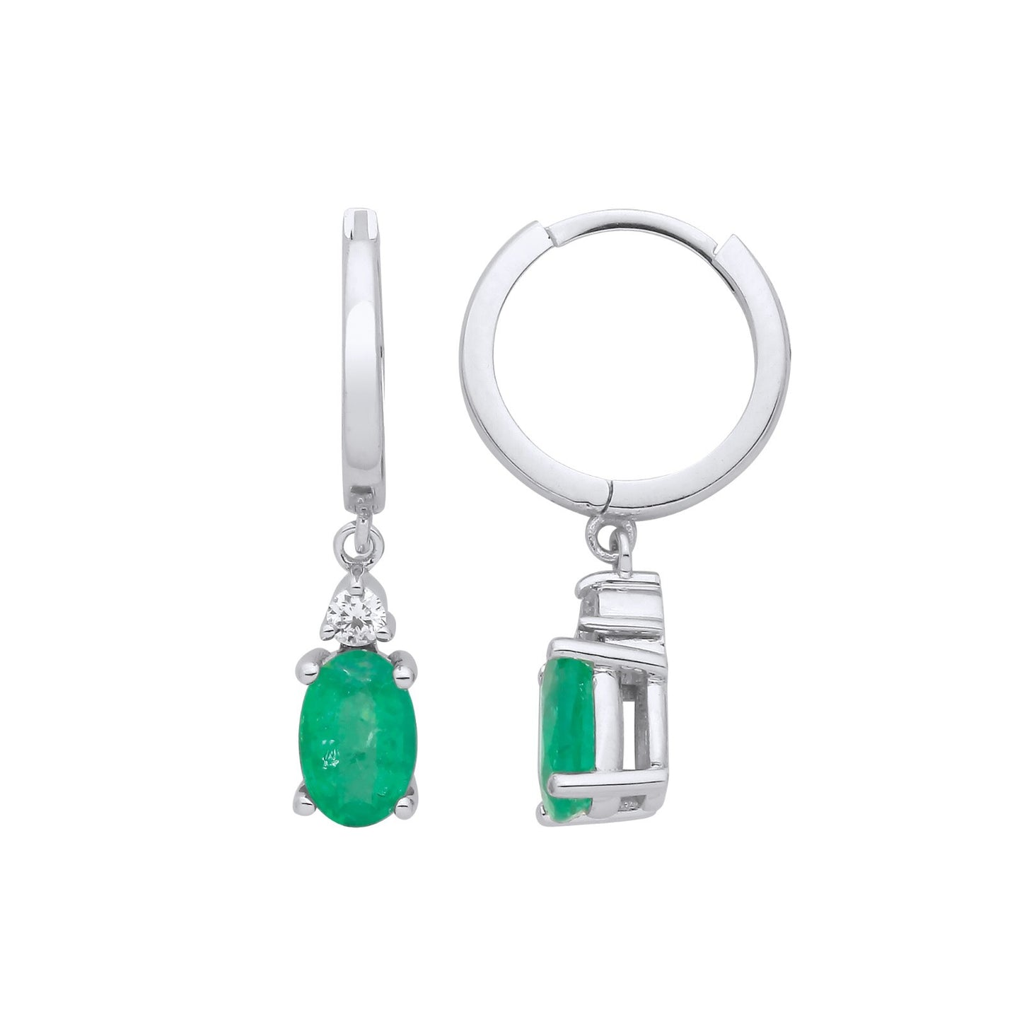 9ct White Gold Emerald and Diamond Hoop Drop Earrings Hallmarked 20mm Drop