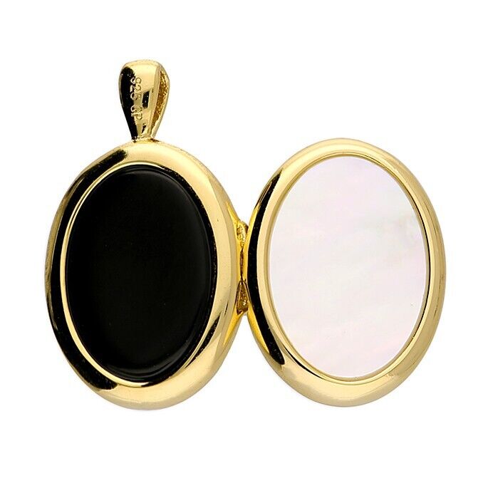 Silver Locket Yellow Gold Plated Double Sided Mother of Pearl and Black Agate