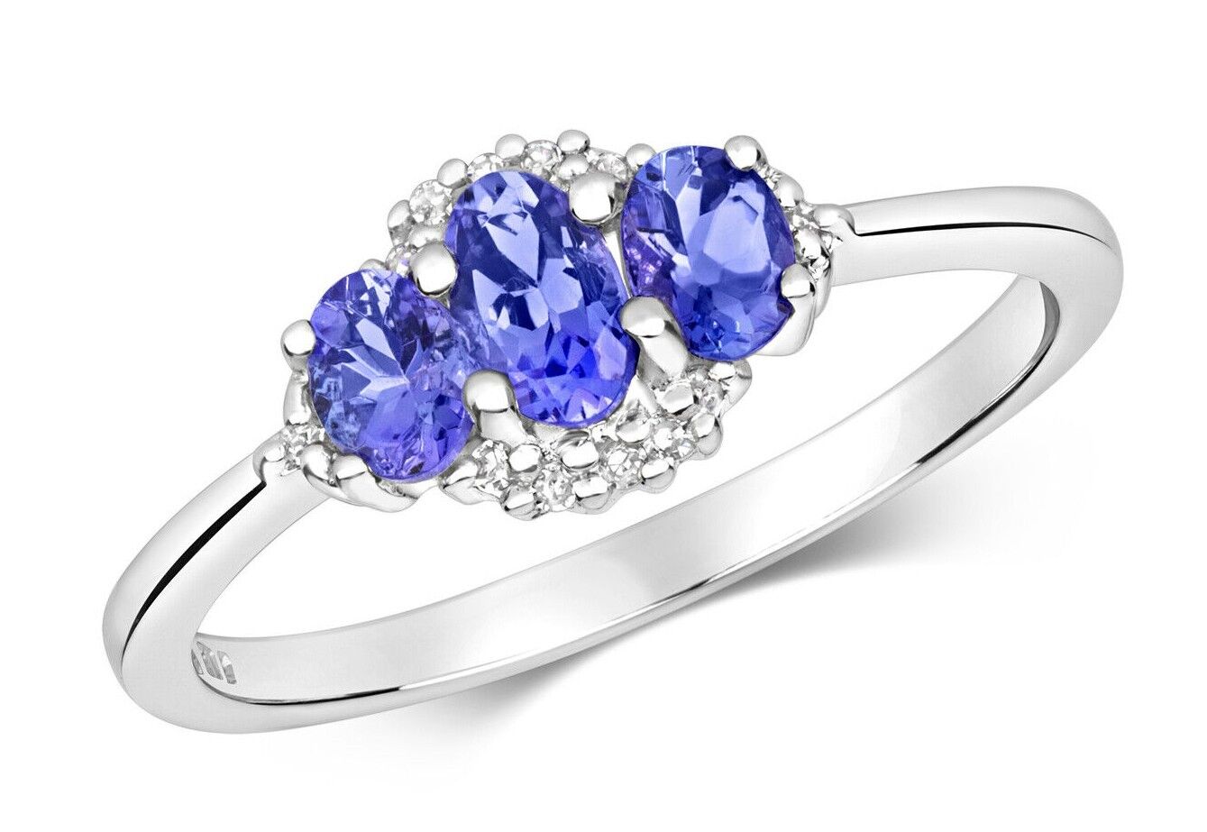 Real Tanzanite and Diamond Ring Solid White Gold Oval Three Stone Size J - Q