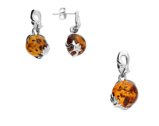 Cognac Amber Pretty Leaf Pendant and Earrings Set Solid Sterling Silver 925