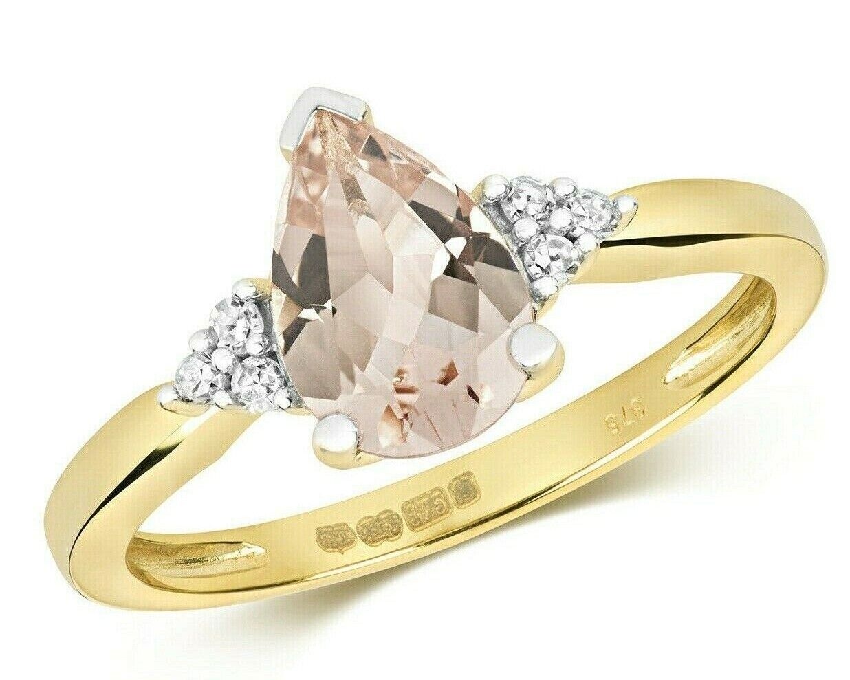 Real Morganite and Diamond Ring 9ct Yellow Gold Pear Solitaire Size JKLMNOPQ