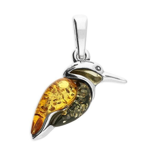 Mixed Amber Kingfisher Bird Pendant With Chain Solid Sterling Silver 925