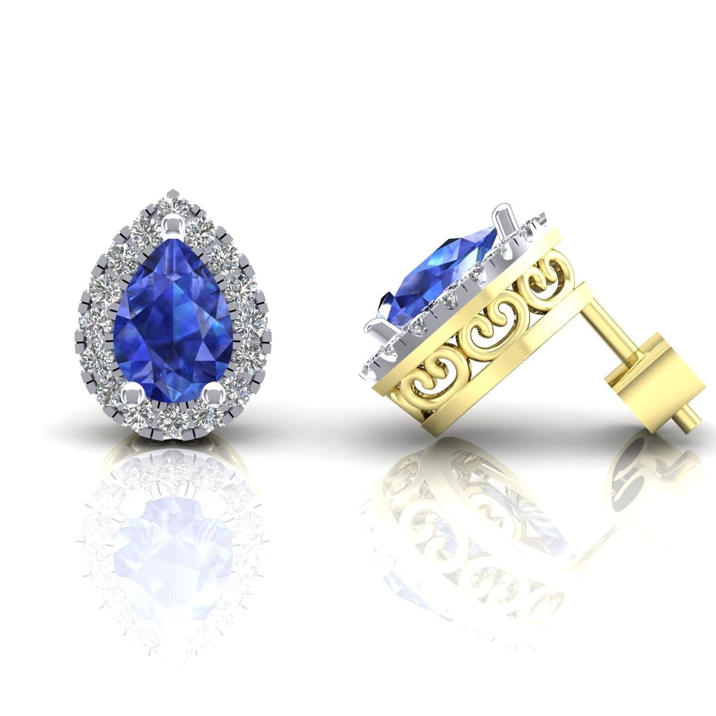 Sapphire Pear Cluster Stud Earrings Solid 9ct Yellow Gold Hallmarked