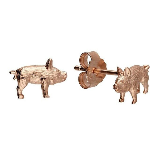 Mini Pig Piglet Stud Earrings 18ct Rose Gold on Solid .925 Sterling Silver