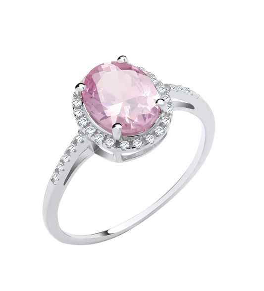 Sterling Silver Pink Oval Engagement Ring Size J - Q British Made 925 Hallmark