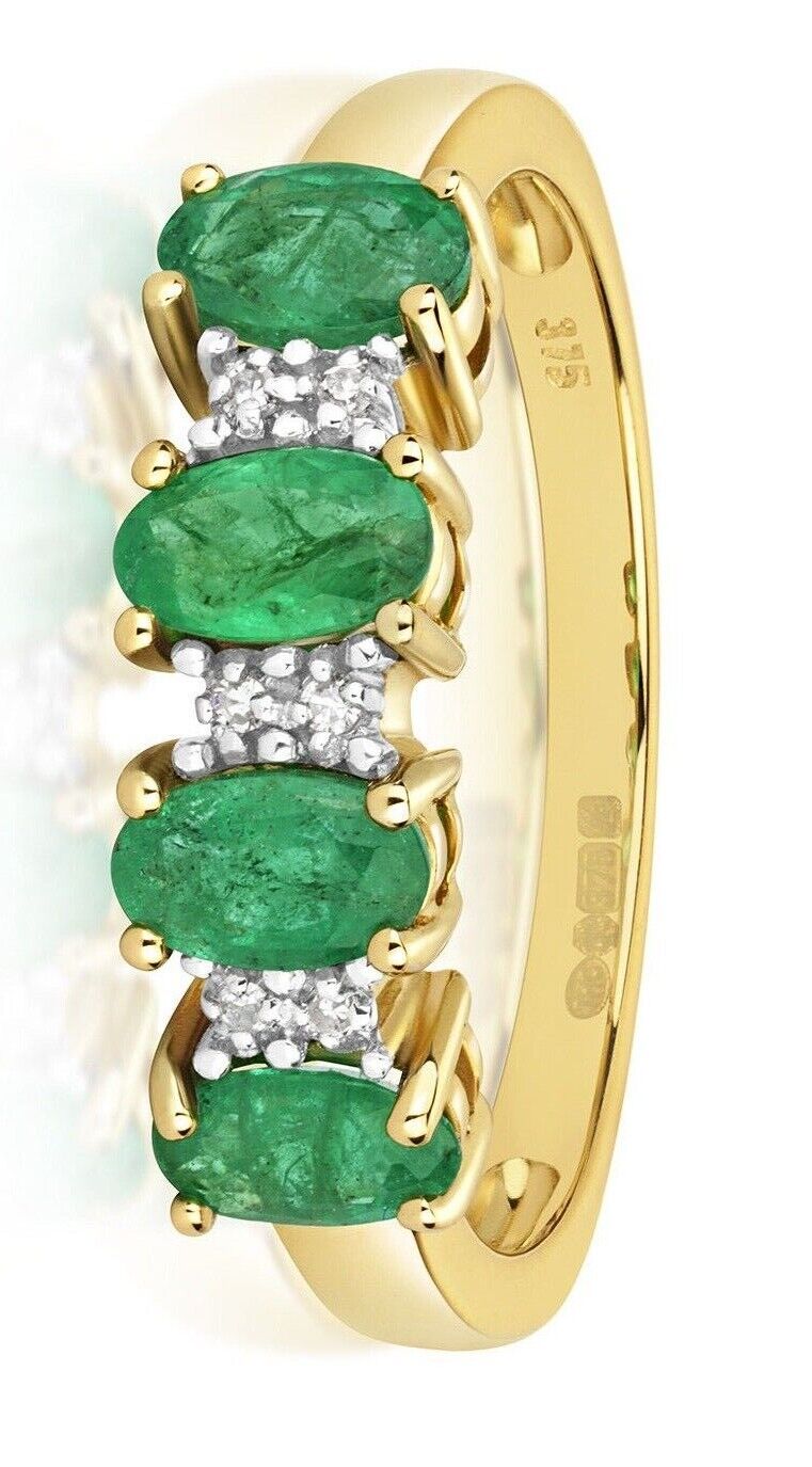 Real Emerald and Diamond Eternity Ring Solid Yellow Gold 5mm Band Anniversary