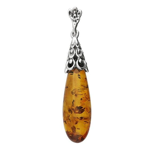 Cognac Amber Elongated Drop Pendant Fancy Bale and Top Chain Sterling Silver 925