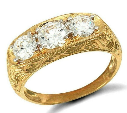 9ct Yellow Gold Gents Three Stone Ring Trilogy Fully Hallmarked