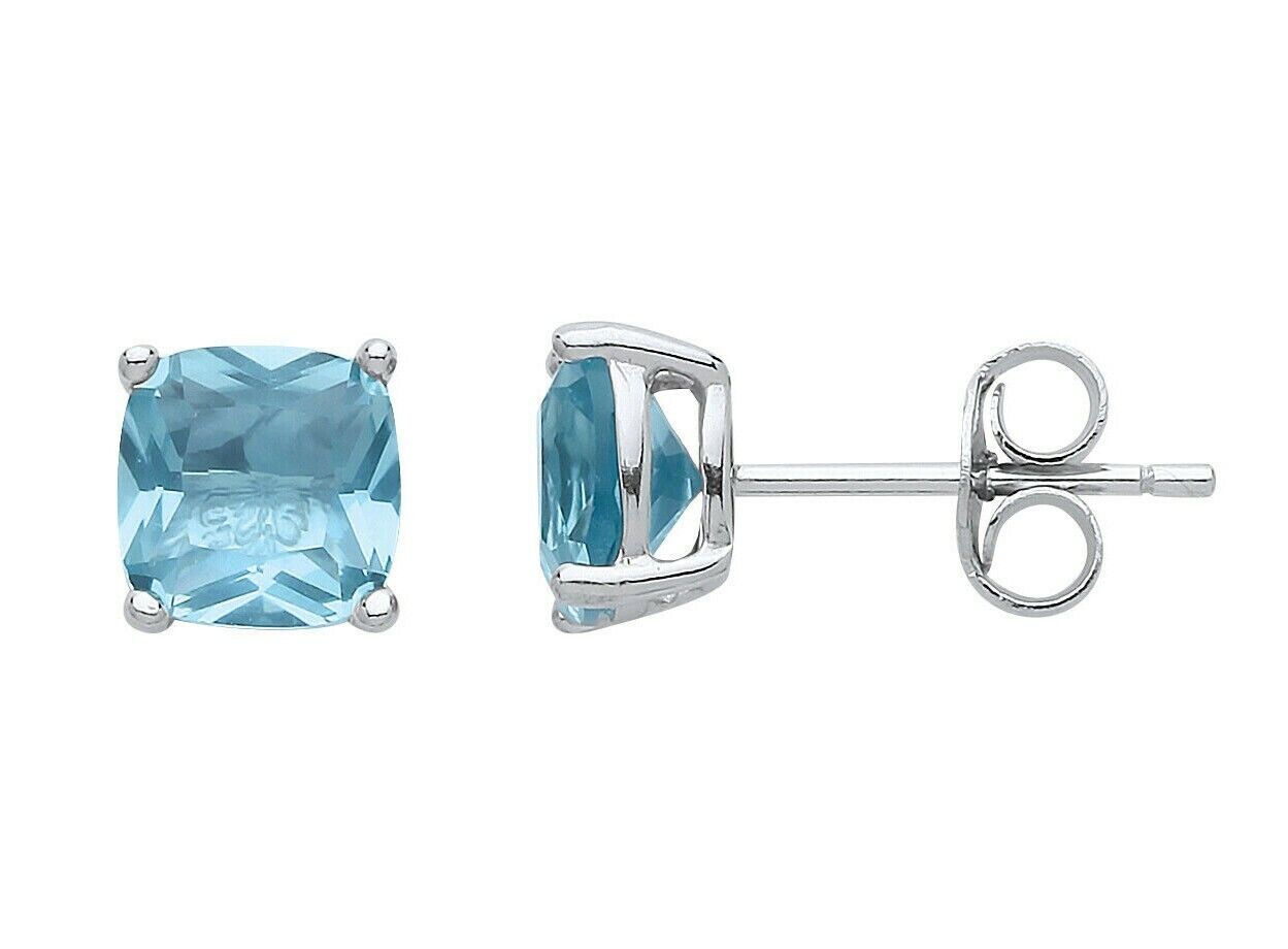 Aquamarine Cushion Stud Earrings Sterling Silver Rhodium Plated 925 Hallmark 6mm