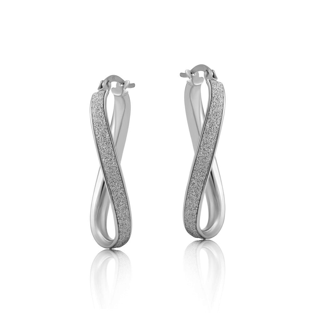 White Gold Oval Hoop Earrings Glitter Moondust Twist Hoops Hallmarked 30mm