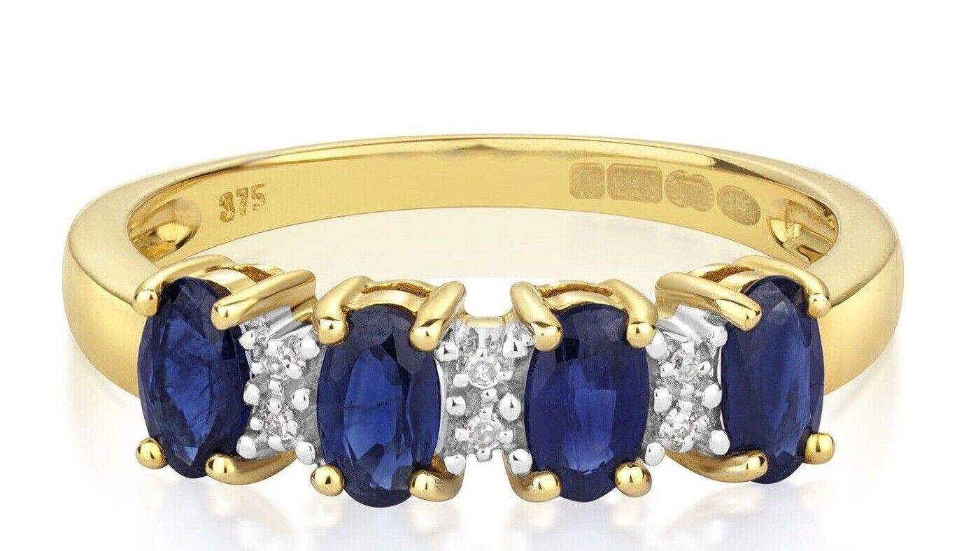 Real Sapphire and Diamond Eternity Ring Solid Yellow Gold Band Size J-Q