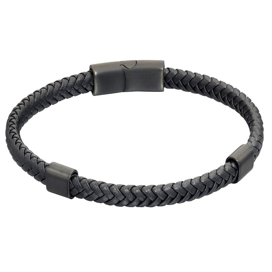 Fred Bennett Plaited Black Leather and Black IP Sections Bracelet 21cm B5322