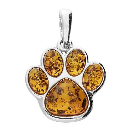 Cognac Amber Paw Print Pendant and Chain Solid Sterling Silver 925