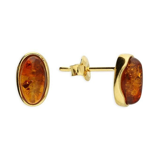 Cognac Amber Oval Stud Earrings 24k Yellow Gold on Solid Sterling Silver 925