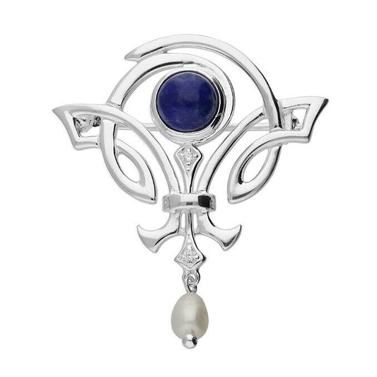 Art Nouveau Style Lapis & Freshwater Pearl Brooch 925 Sterling Silver