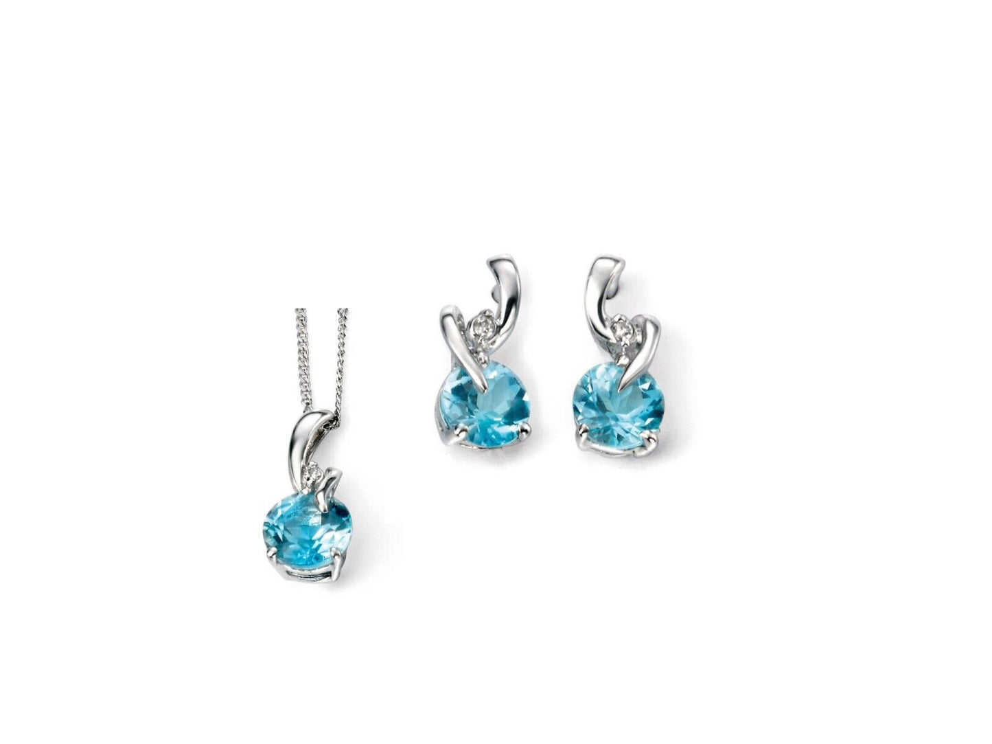 Blue Topaz and Diamond Pendant Earrings Set Solid White Gold 16, 18, or 20"Chain