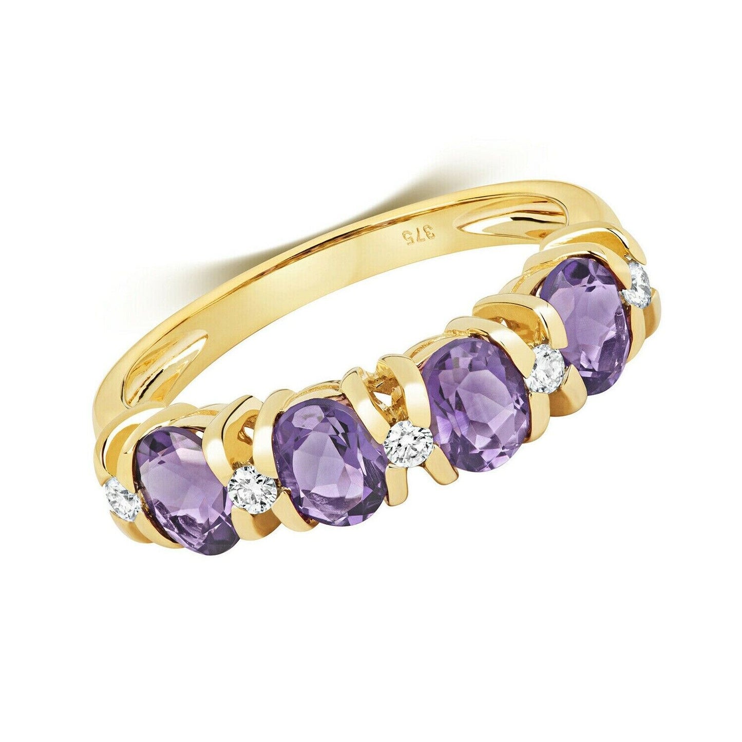 Real Amethyst and Diamond Eternity Ring Solid Yellow Gold Band Size J - Q